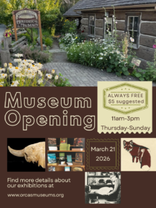 Museum Opening poster featuring photo of Museum entrance with flowers, Bison antiquus skull, gift shop, Marte Harter artwork, and more.