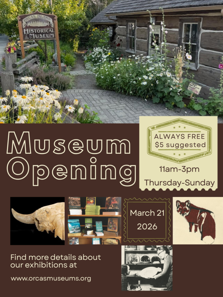 Museum Opening poster featuring photo of Museum entrance with flowers, Bison antiquus skull, gift shop, Marte Harter artwork, and more.