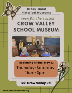 Poster announcing the opening of Crow Valley School Museum in 2026. Green poster with photo of docent Rebecca giving a tour.