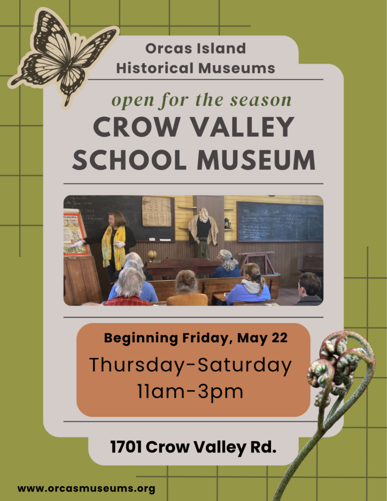 Poster announcing the opening of Crow Valley School Museum in 2026. Green poster with photo of docent Rebecca giving a tour.