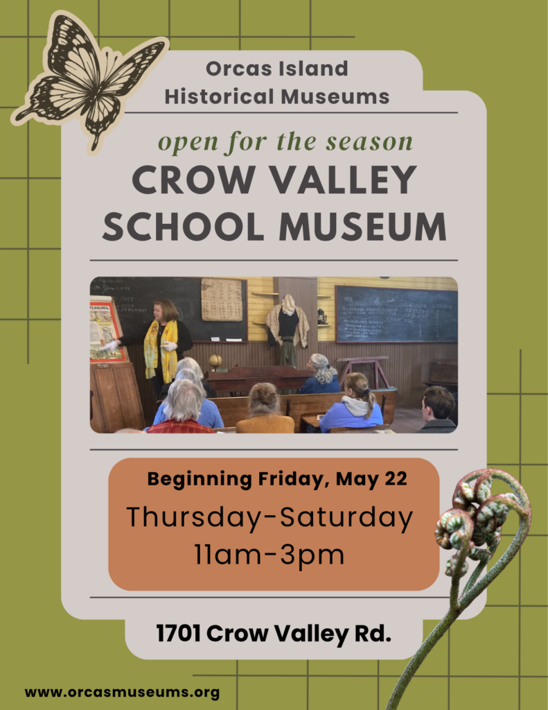 Poster announcing the opening of Crow Valley School Museum in 2026. Green poster with photo of docent Rebecca giving a tour.