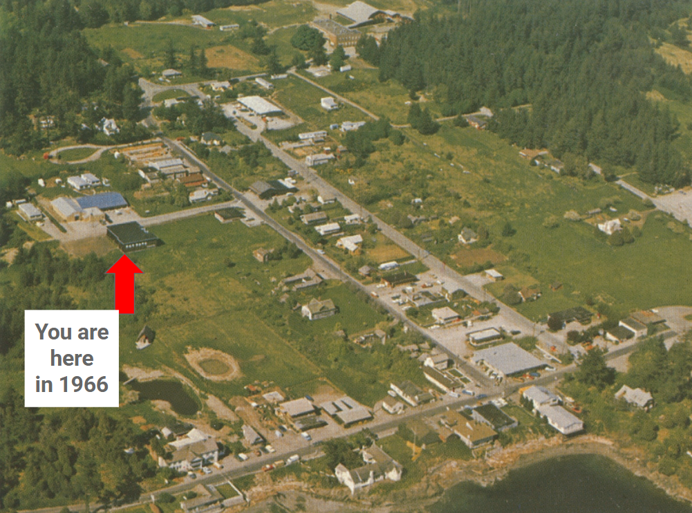 An aerial photo of Eastsound is highlighted with a red arrow showing where the Sea View Theatre is located.