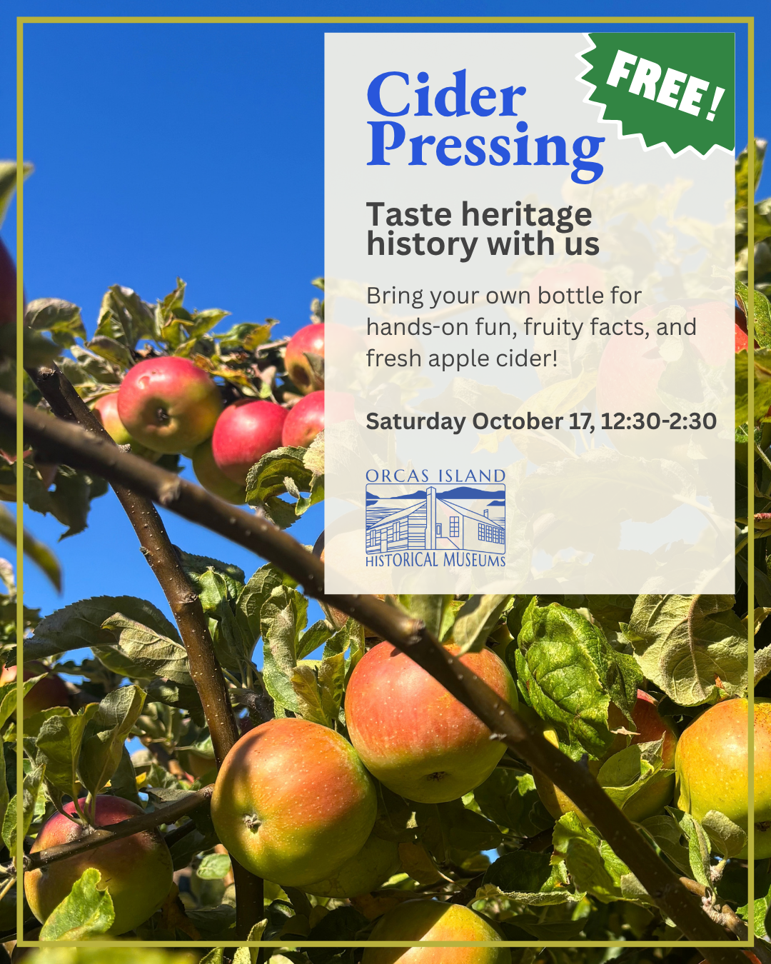 Image of ripe apples on the tree with overlay of event information.